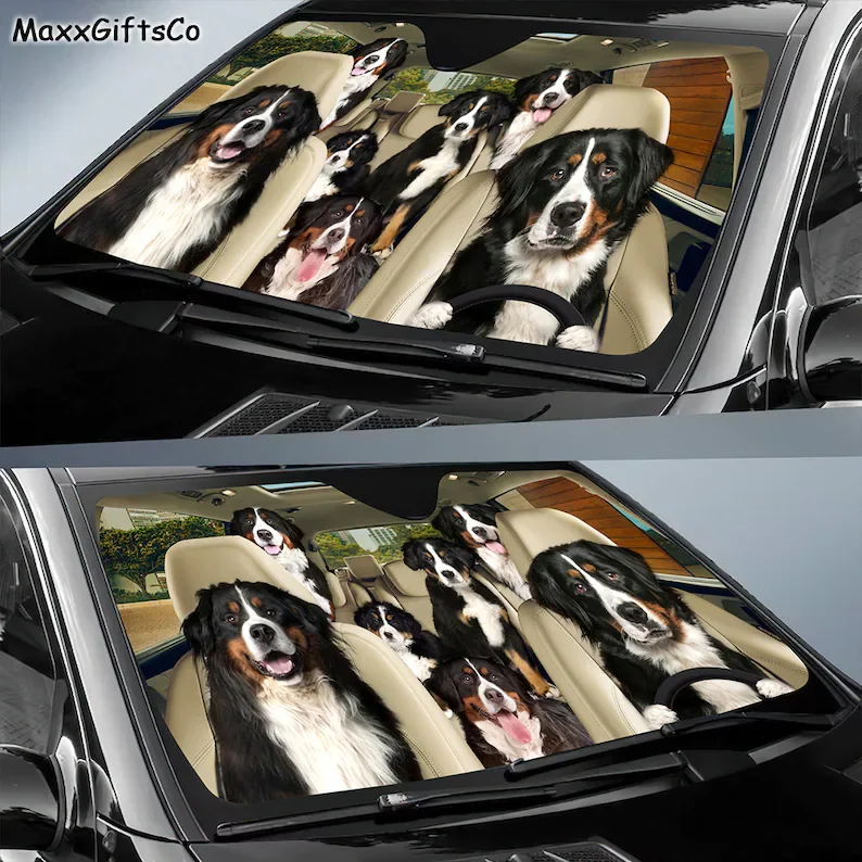 Bernese Mountain Dog Car Sun Shade, Dog Windshield, Dogs Family Sunshade, Dogs Car Accessories, Car Decoration, Gift For Dad