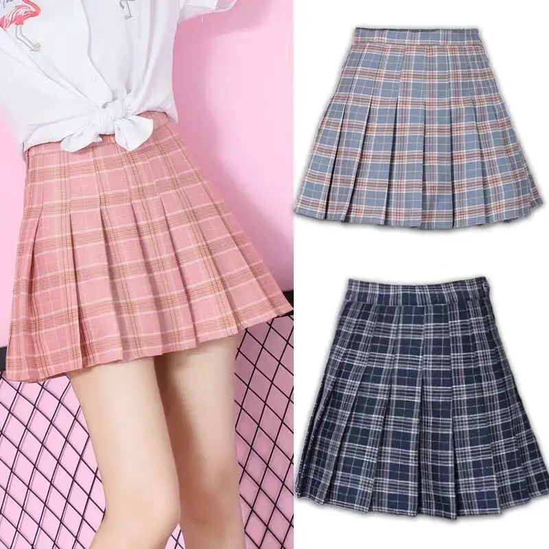 Women Casual Plaid Skirt Girls High Waist Pleated A-line Fashion Uniform Skirt With Inner Shorts 2022 New Gray Red Pink