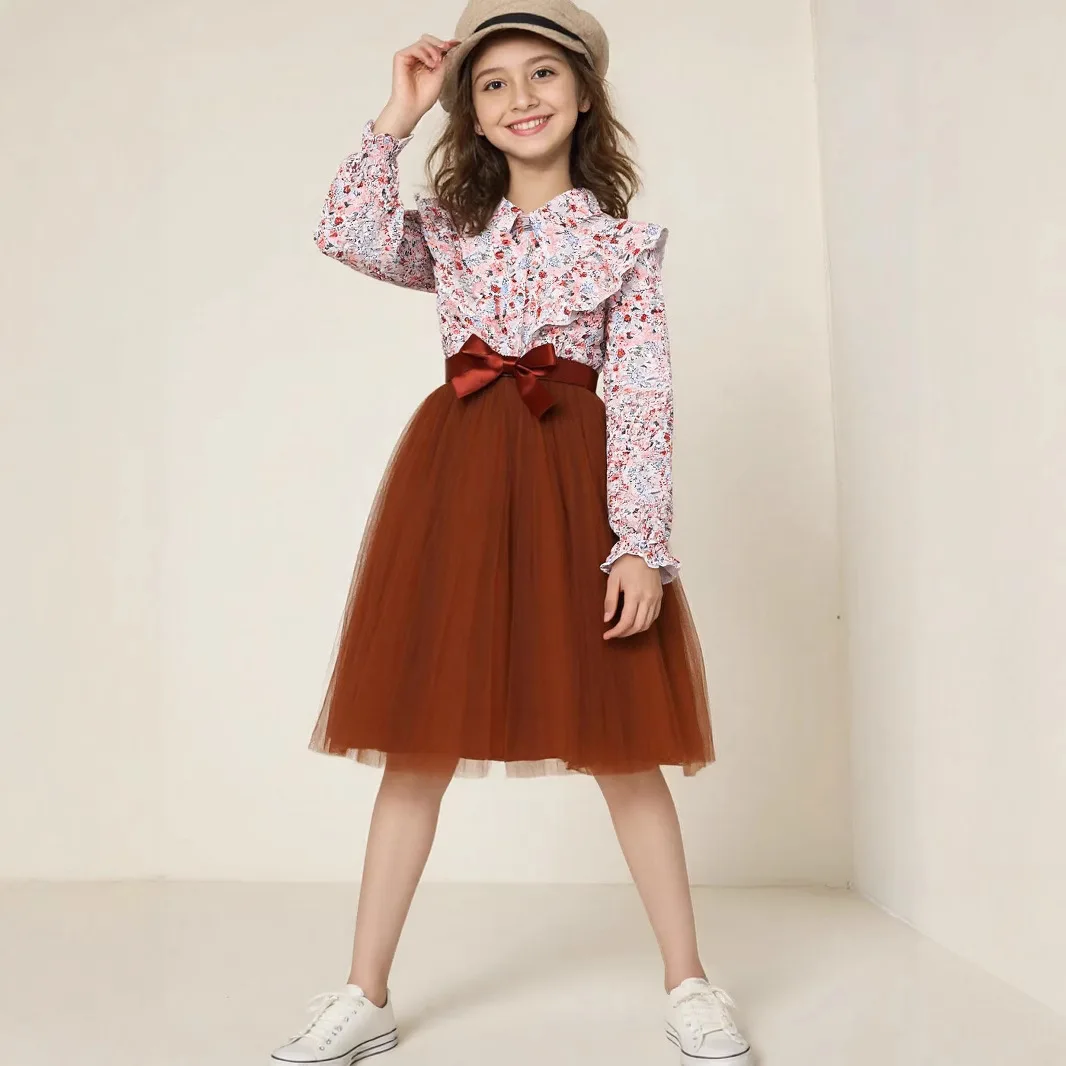 

Long Sleeve Mesh Girls Stylish & Cute Ruffle Button Up Belted Dress for Fall & Winter Holiday, Outdoor Cloth with Floral Pattern