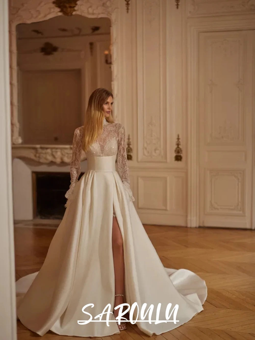 Elegant Satin Train Fitted Waist Shiny Wedding Dress Chic 2 in 1 High Neckline Stunning Customized Bridal Gown With Slit