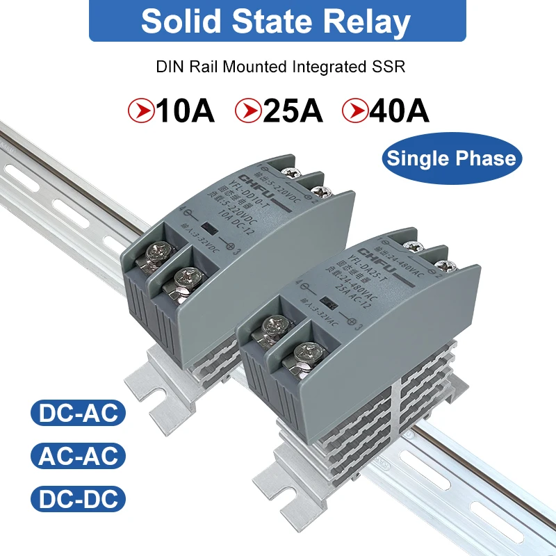 10A 25A 40A szyna Mini Din zamontowana z wbudowanym grzejnikiem SSR sterowanie DC AC DC-DC AC-AC pojedynczy przekaźnik faza półprzewodnikowa