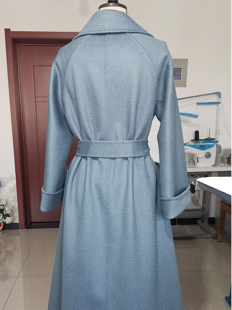 Casual Big Size Water Ripples Overcoat Handmade Loose Double-sided Wool Long Woolen Women Coat Lapel Long Sleeve Jacket