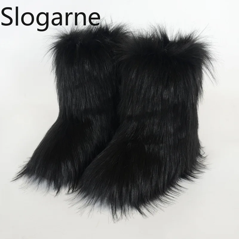 2024 Women Winter Fluffy Fur Boots Woman Furry Snow Boots Plush Warm Outdoor Footwear Girls Luxury Faux Fox Fur Platform Shoes