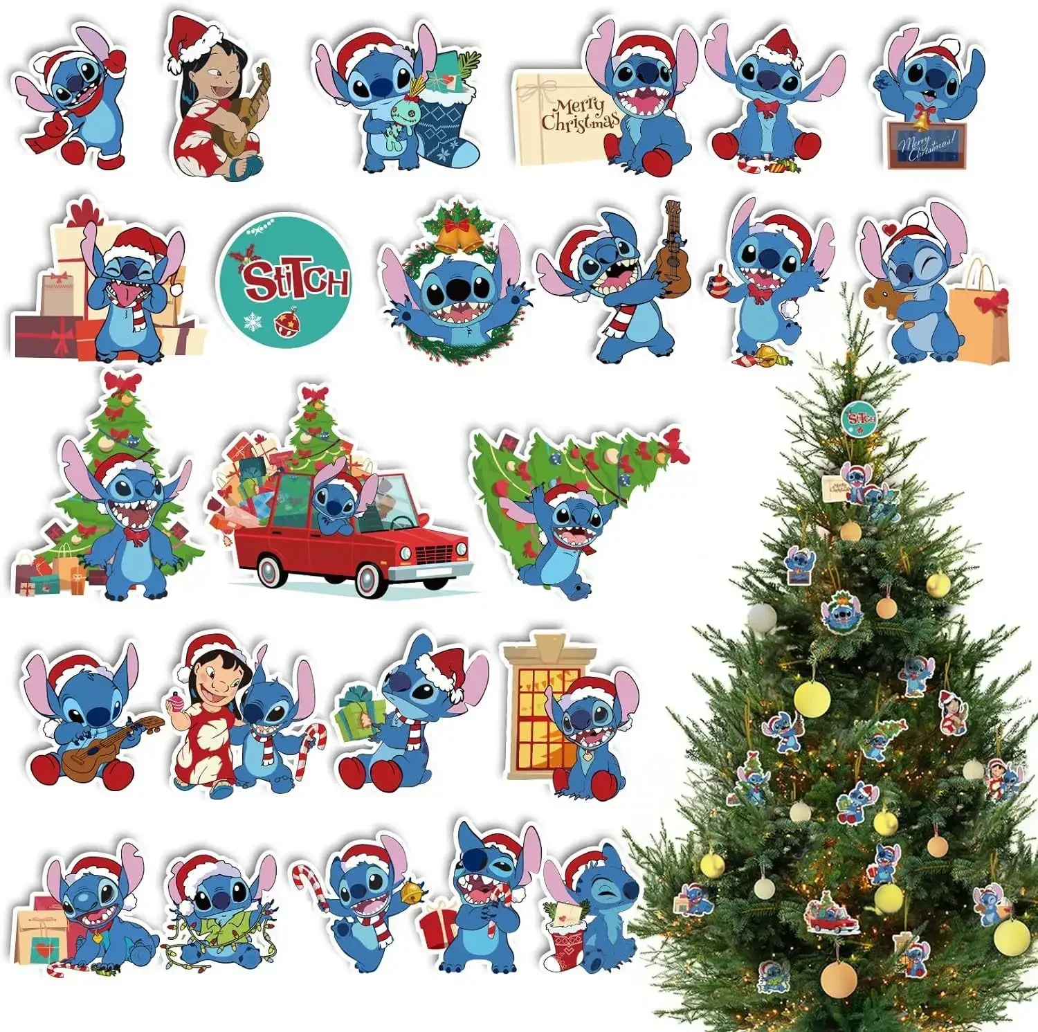 24pcs Lilo & Stitch Christmas Tree Decoration Anime Cartoon Wooden Single-sided Stitch Print Christmas Party Hanging Ornaments