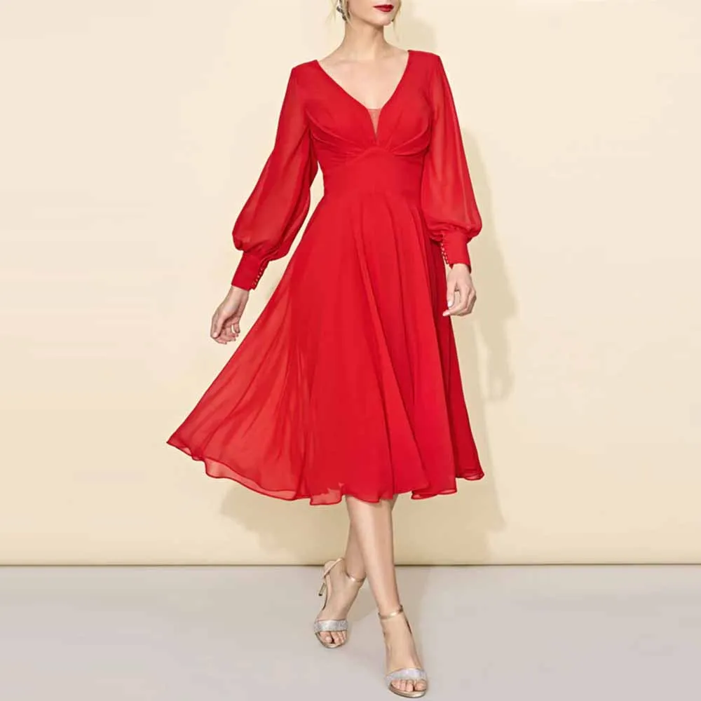 Elegant Women's Cocktail Party Gowns Chiffon A-line Bridal Dress Red V-neck Zipper Backless Ruched Buttons Groom's Mother Dress