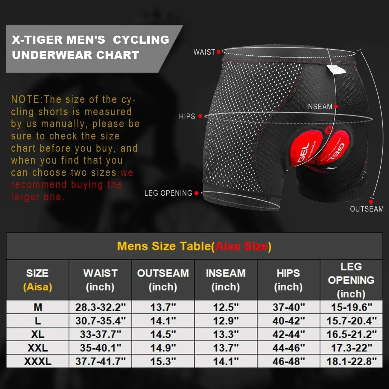 X-TIGER Men\'s Cycling Underwear Shorts 5D Padded Bike Bicycle MTB Liner Shorts with Anti-Slip Leg Grips Shock Absorbing Briefs