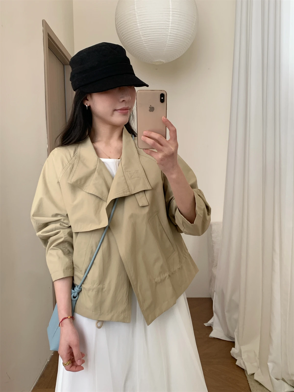 

Korean Style Short Tailored Coat Stand Collar Women's Spring New Drawstring Design Slimming Outerwear Casual Cotton Blend