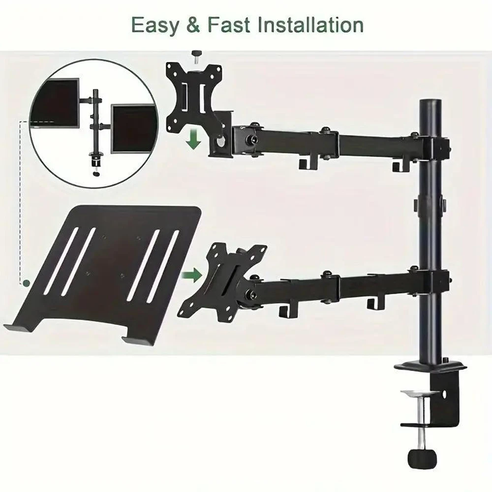 Support double moniteur pour écrans de 13 à 27 pouces, support réglable pour moniteur et ordinateur portable avec VESA 75/100 mm, support de bureau à fixation par pince entièrement articulé à 360° °