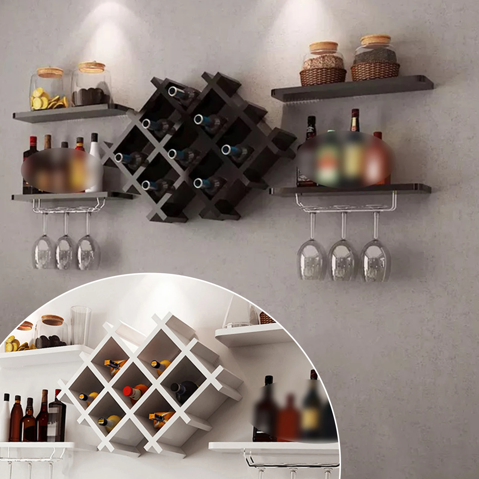 

Modern White Wine Rack Black Cabinet Hanging Bar Accessories Wall Mounted Bottle Glass Holder Shelves