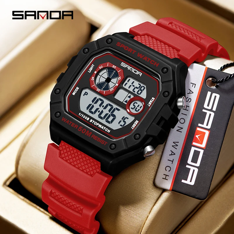 SANDA 2202 Watch Fashionable Men's Electronic Watch Sports Multifunctional Waterproof LED Single Display Small Square Electronic