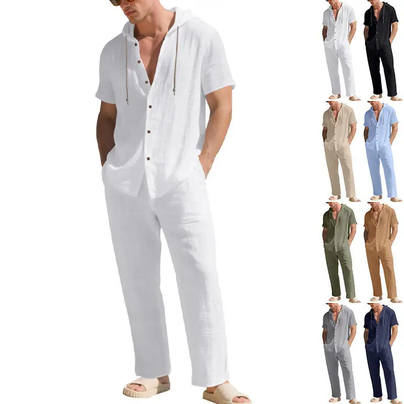 

Summer Men's Loose Linen Casual Holiday Hat Shirt Straight Leg Pants Set Short Sleeve Long Pants Youth Fashion Clothing