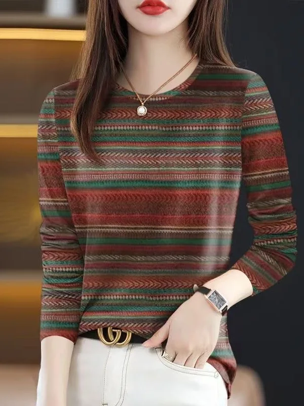 

Retro Striped Long Sleeve T-Shirt Women's Loose Belly Covering Slimming Age-Defying Top Casual Wear Standard Size Polyester F...