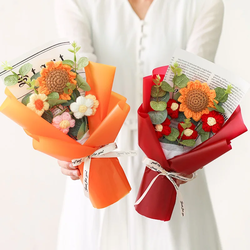 

Artificial Flower Decoration Hand Woven Sunflower Wool Bouquet Finished Graduation Season Qixi Valentine's Day Gift