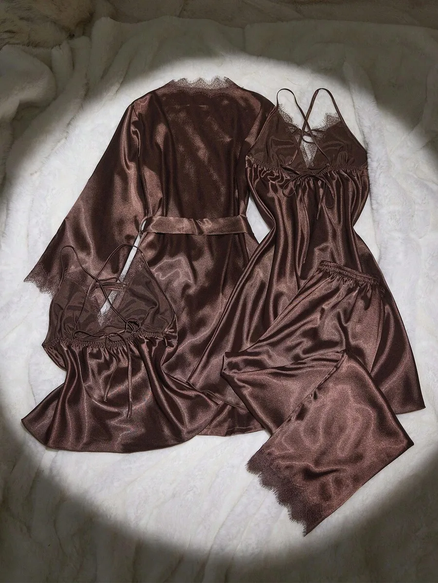 

4-Piece Satin Sleepwear Set: Deep V Camisole, Nightgown, Pants, Robe, Brown, Cozy Elegant Lingerie Pajama