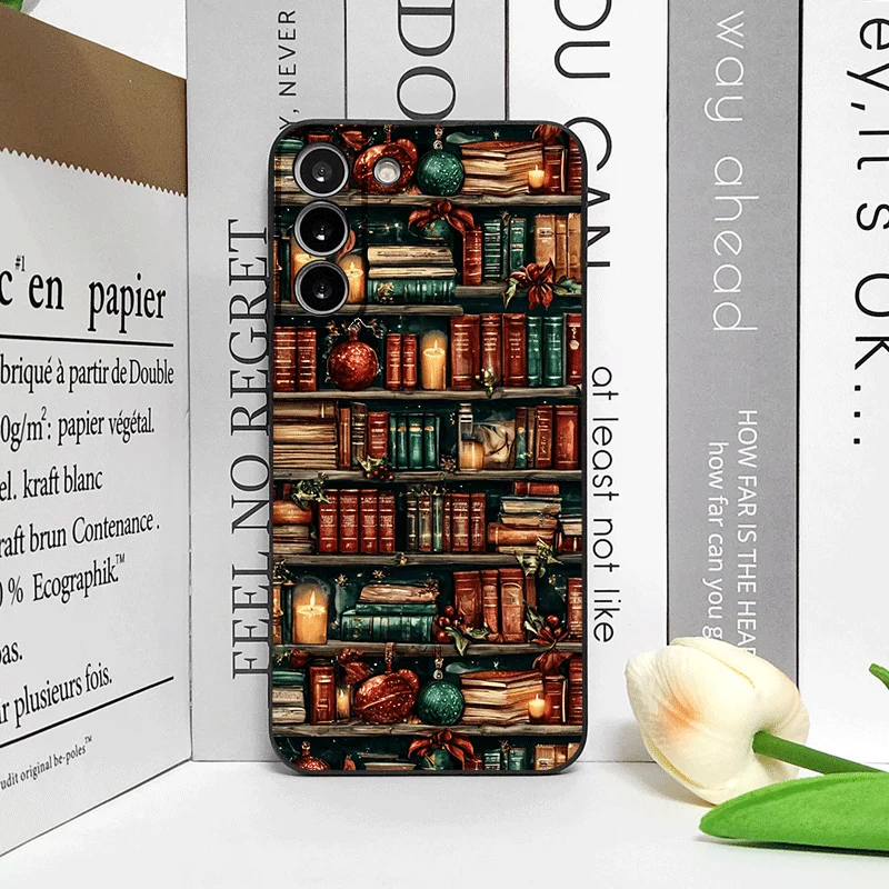 Christmas Decorations Bookshelf Book Print Phone Case for Samsung Galaxy S25 S24+ S23 Ultra S22 Plus S21FE M53 M34 5G Soft Cover