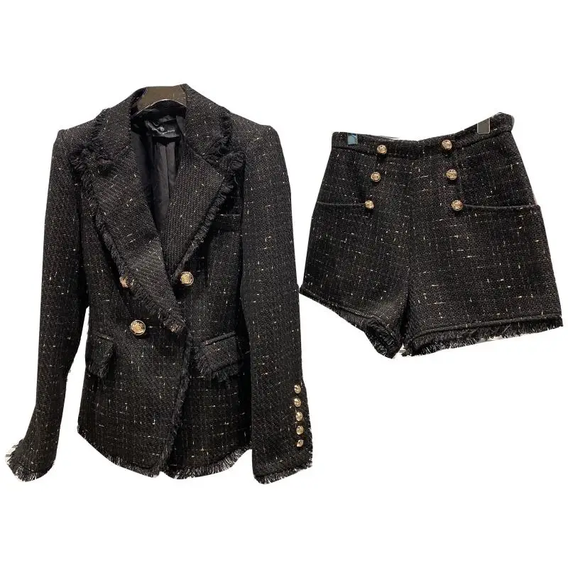 2022 Autumn Winter New British Style Loose Metal Buckle Tweed Coat Suit Jacket Women +Casual Frayed Shorts Suit Two Piece Sets