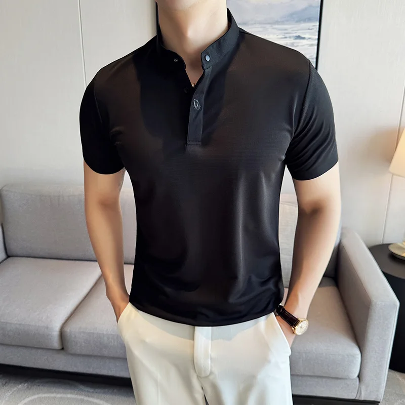 Men Polo Shirt, Chinese Standing Collar, 2024 Summer New Light and Thin Solid Color Casual Short Sleeved T-shirt, Men\'s Clothing