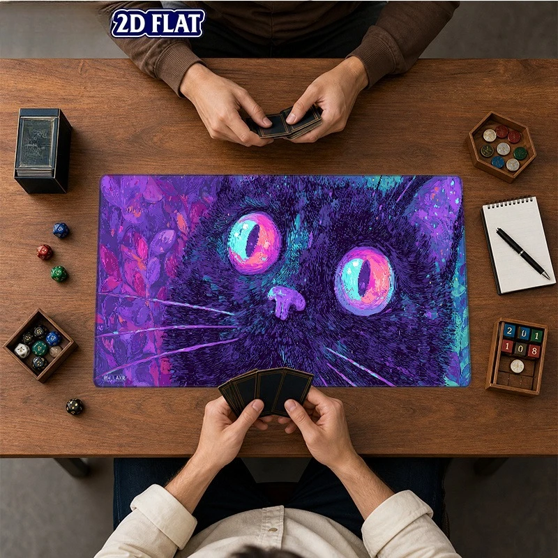Neon Purple and Black Cat Game Mat - Anti-slip rubber base, suitable for TCG/CCG card games, compatible with The Gathering