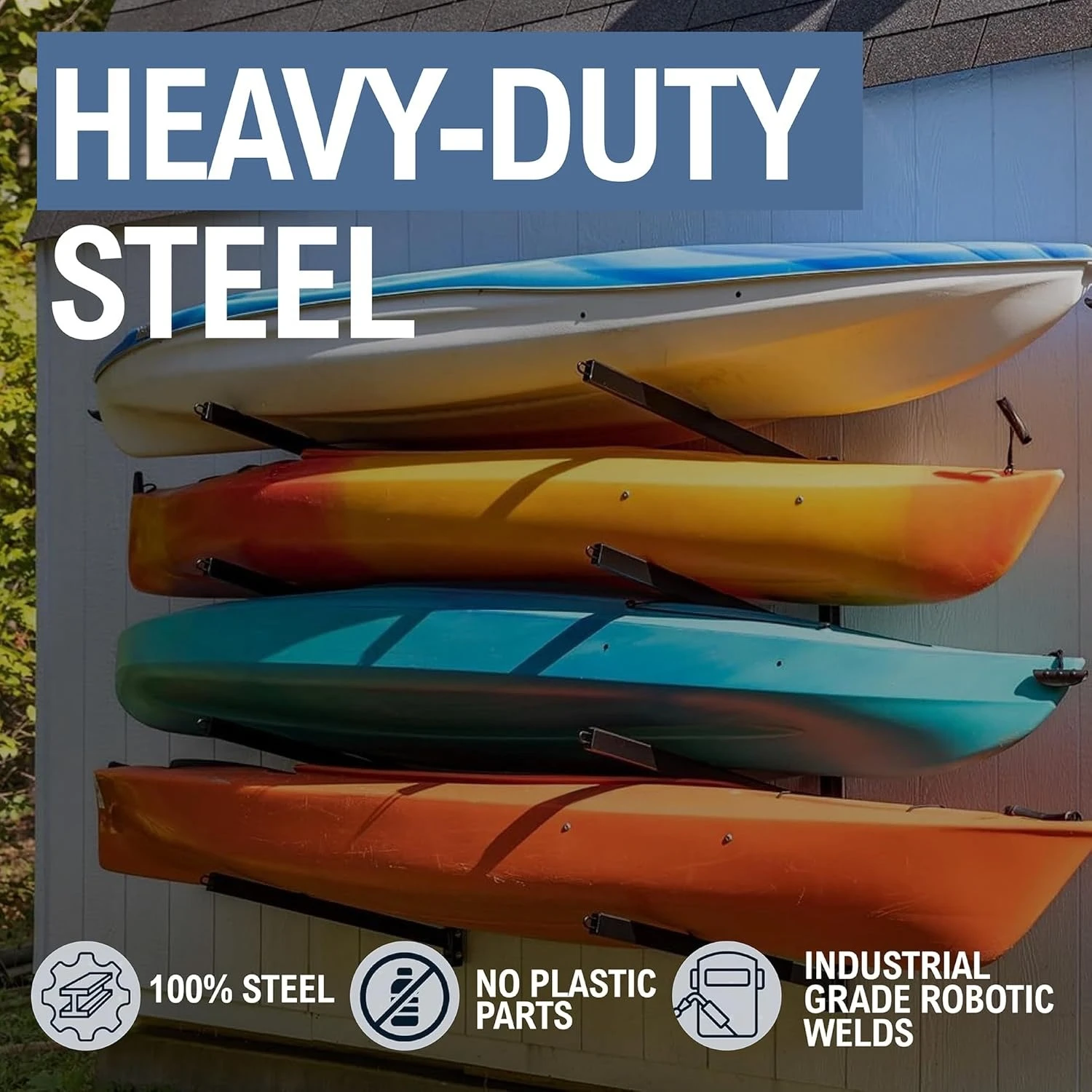 ZZZ- رف حائط - رف كاياك خارجي عالي التحمل يتسع لـ 4 قوارب، حامل للتخزين على الحائط قابل للتعديل، موفر للمساحة في الهواء الطلق