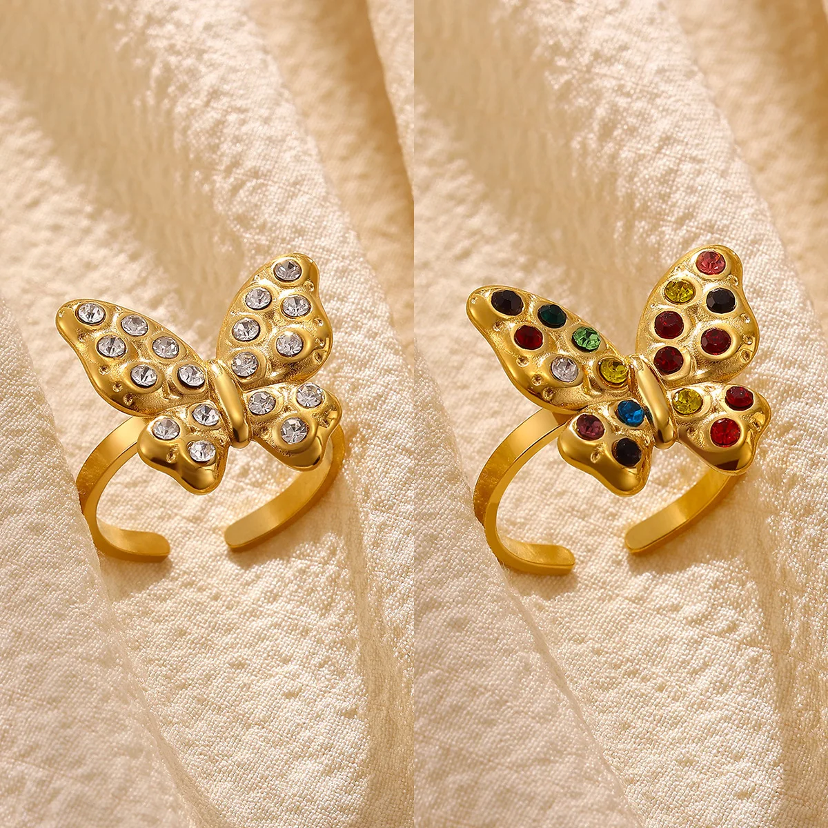 Edelstahl-Ringe mit bunten Zirkonia-Schmetterlingen für Damen, exquisiter goldfarbener offener verstellbarer Ring, zarter Modeschmuck