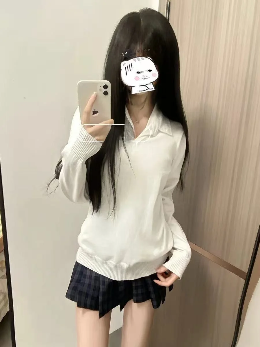 

Осень-зима, белый однотонный вязаный свитер Long Sve Jk orm School Sle, универсальный пуловер Crew Ne Faion Set