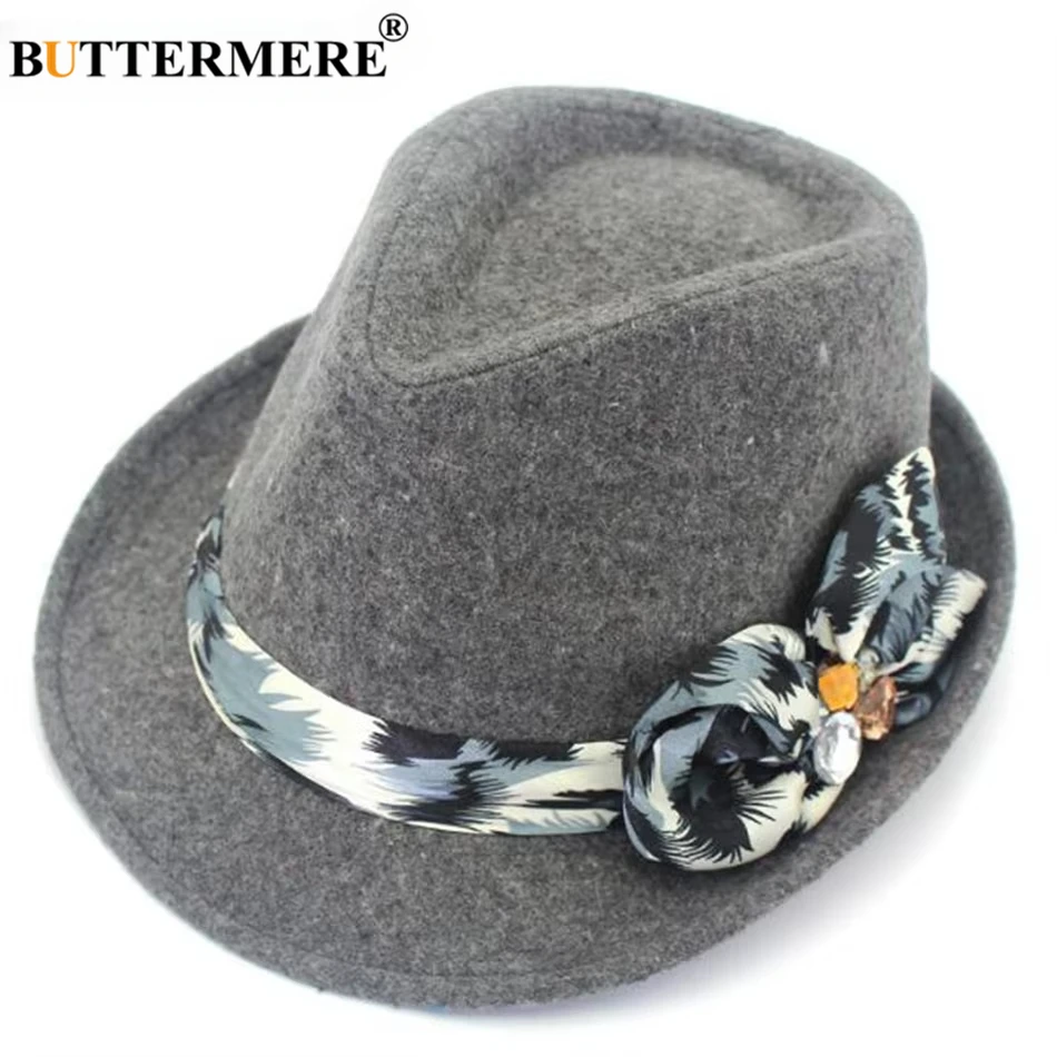 BUTTERMERE Grey Women Fedora Hat Design Floral Bow Tie Wool Felt Vintage Autumn Winter Jazz Hat Elegant Caps Fashion Red Coffee