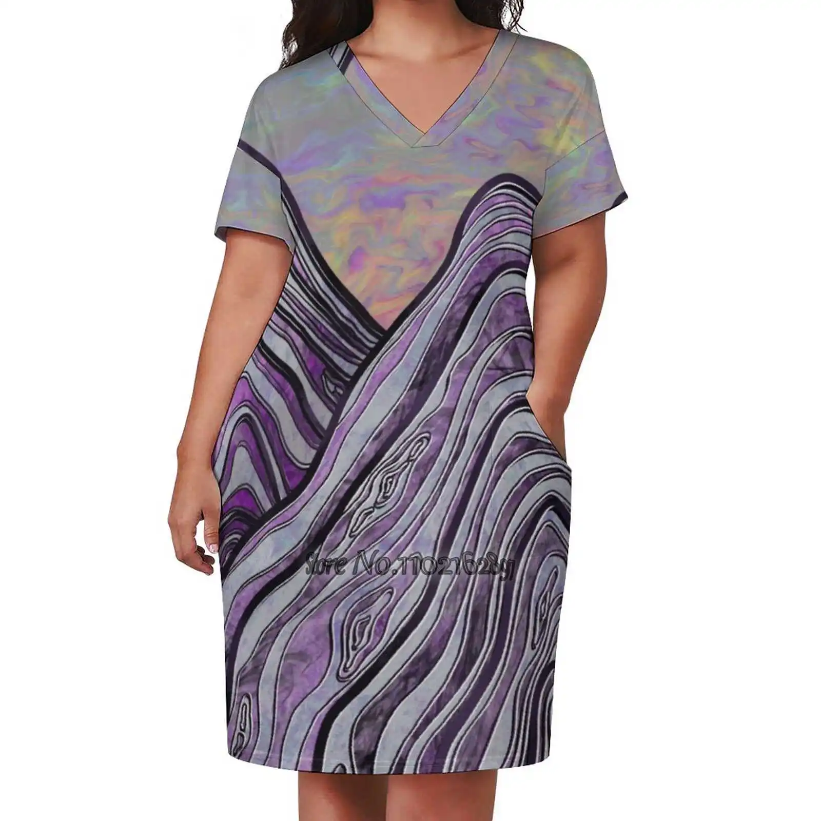 Psychedelic Mountains Fashion Street Dress Loose V-Neck Short Sleeve Skirt Casual Party Skirt 5Xl Rainbow Psychedelic Purple