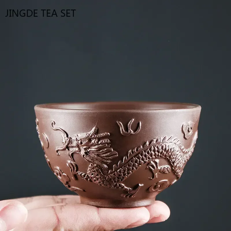 Retro Purple Clay Dragon Pattern Tea Bowl Zhu Mud Teacup Handmade Relief Dragon and Phoenix Tea Cup Portable Master Cup Tea Set