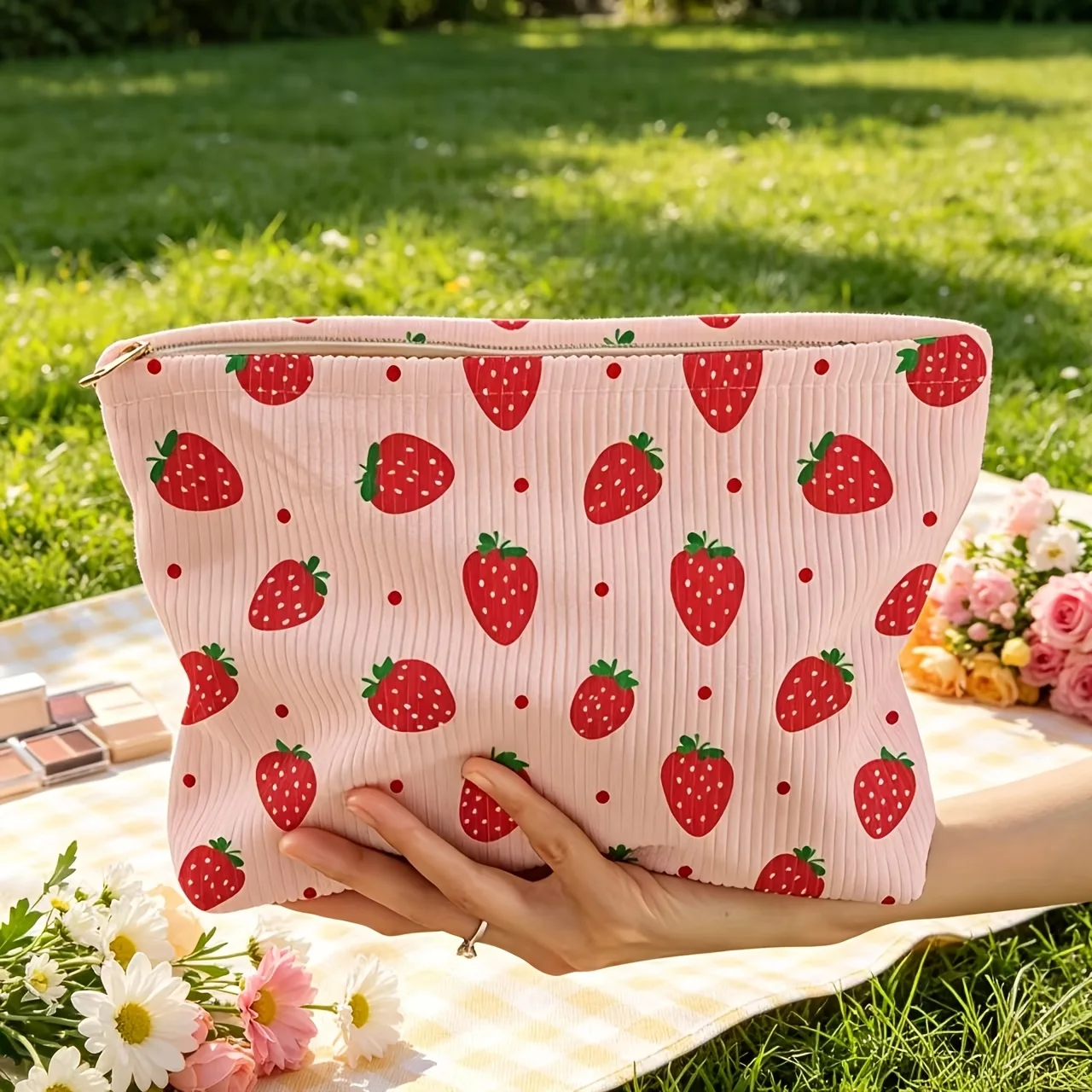 Corduroy Makeup Bag New Casual Cute Strawberry Clutch, Makeup Brushes, Cosmetic Storage Pouch, Large Capacity Makeup Bag