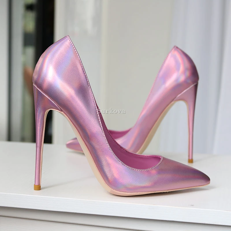 Pink Gradient French Pumps Woman Thin High Heels Shoes Pointed Toe Shallow Stiletto Pumps Slip On Polished Leather Wedding Shoes