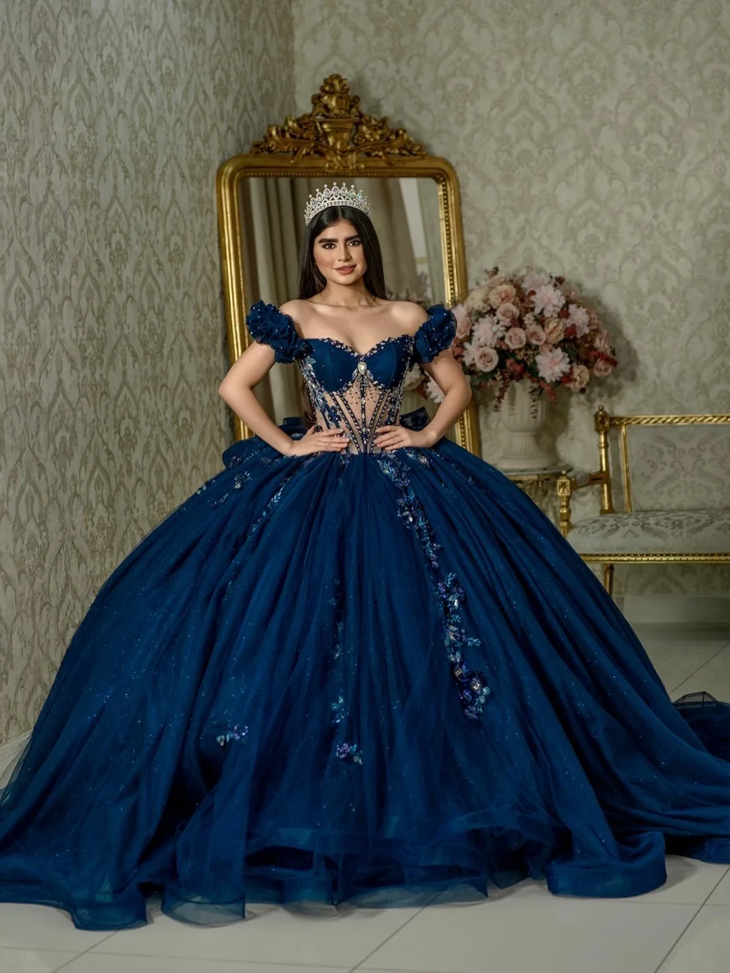 Navy Blue Ball Gown Lace Appliques Corset Prom Dresses Long for Girls Off Shoulder Crystal Quinceanera Dresses Customized