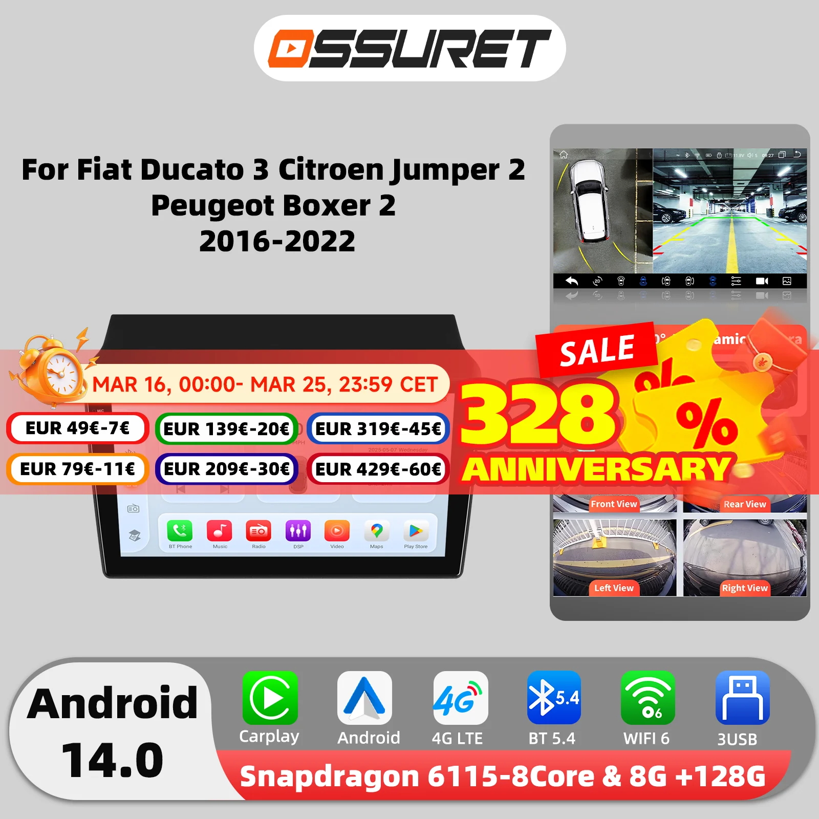 Autoradio Android 14 pour Fiat Ducato 3 citroën Jumper 2 Peugeot Boxer 2 2016-2022 lecteur multimédia 4G 8 cœurs Autoradio Carplay