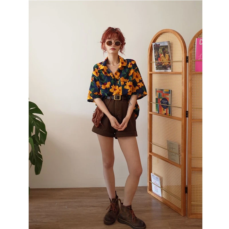 Summer New Floral Blouse Polo Neck Short Sleeve Loose Button Printing Street Casual Shirt Tops Fashion Vintage Women Clothing