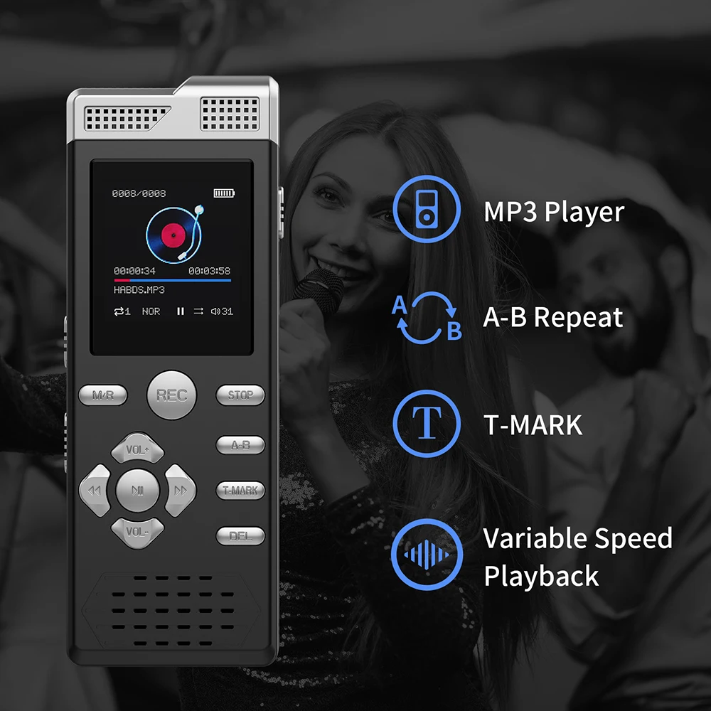 T-MARK-مسجل صوت رقمي ، إملاء ، تنشيط الصوت ، ميكروفون مزدوج ، تسجيل حماية كلمة المرور ، خط في ، مشغل موسيقى MP3