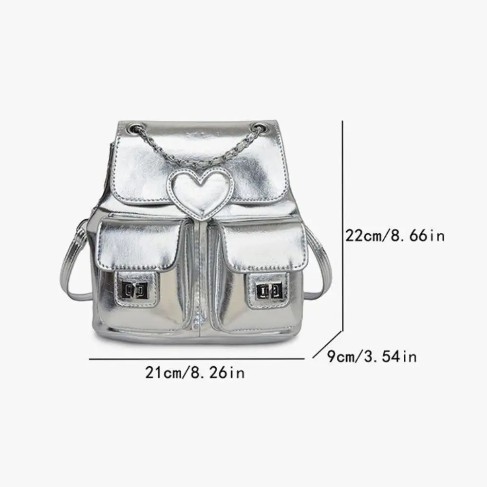 Versatile Silver Backpack Chain Solid Color Bookbag Heart Large Capacity Rucksack