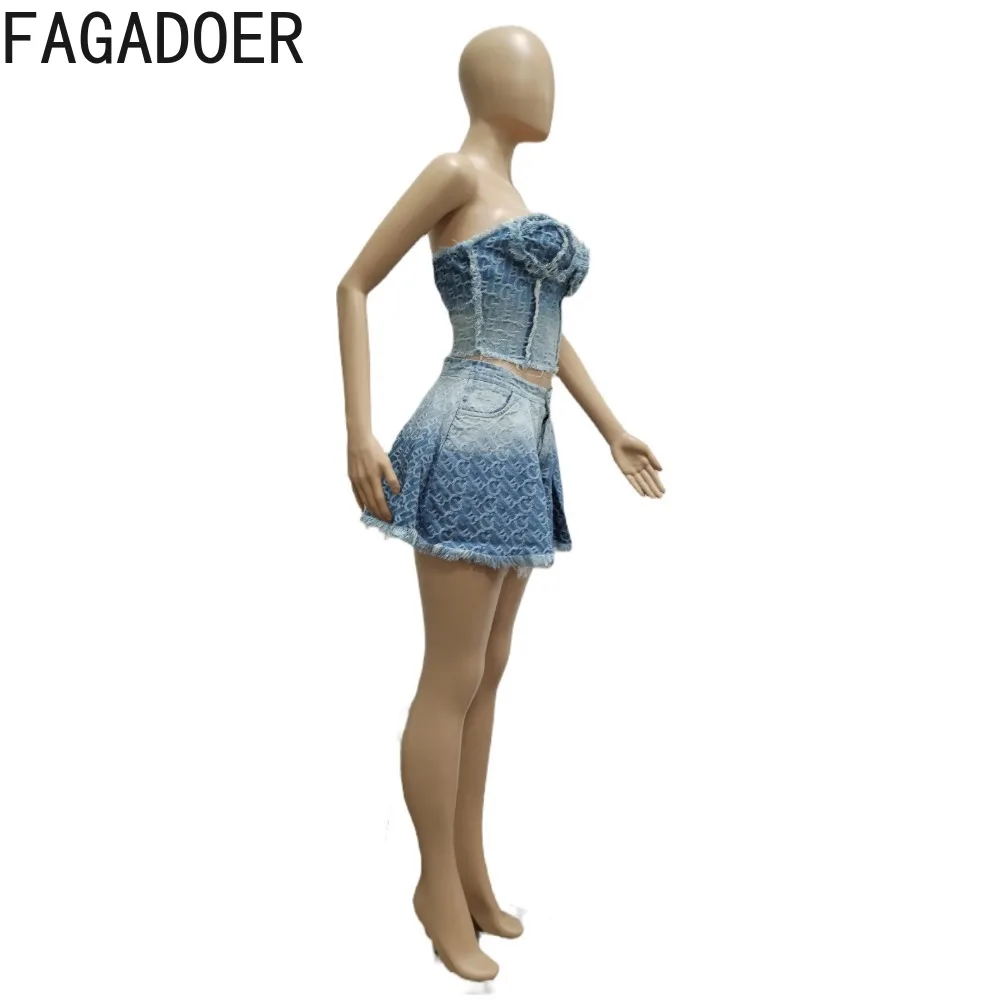 FAGADOER Fashion Gradient Denim A-line Skirts Two Piece Sets Women Sleeveless Tube+Mini Skirt Outfits Casual Pocket Cowboy Suits