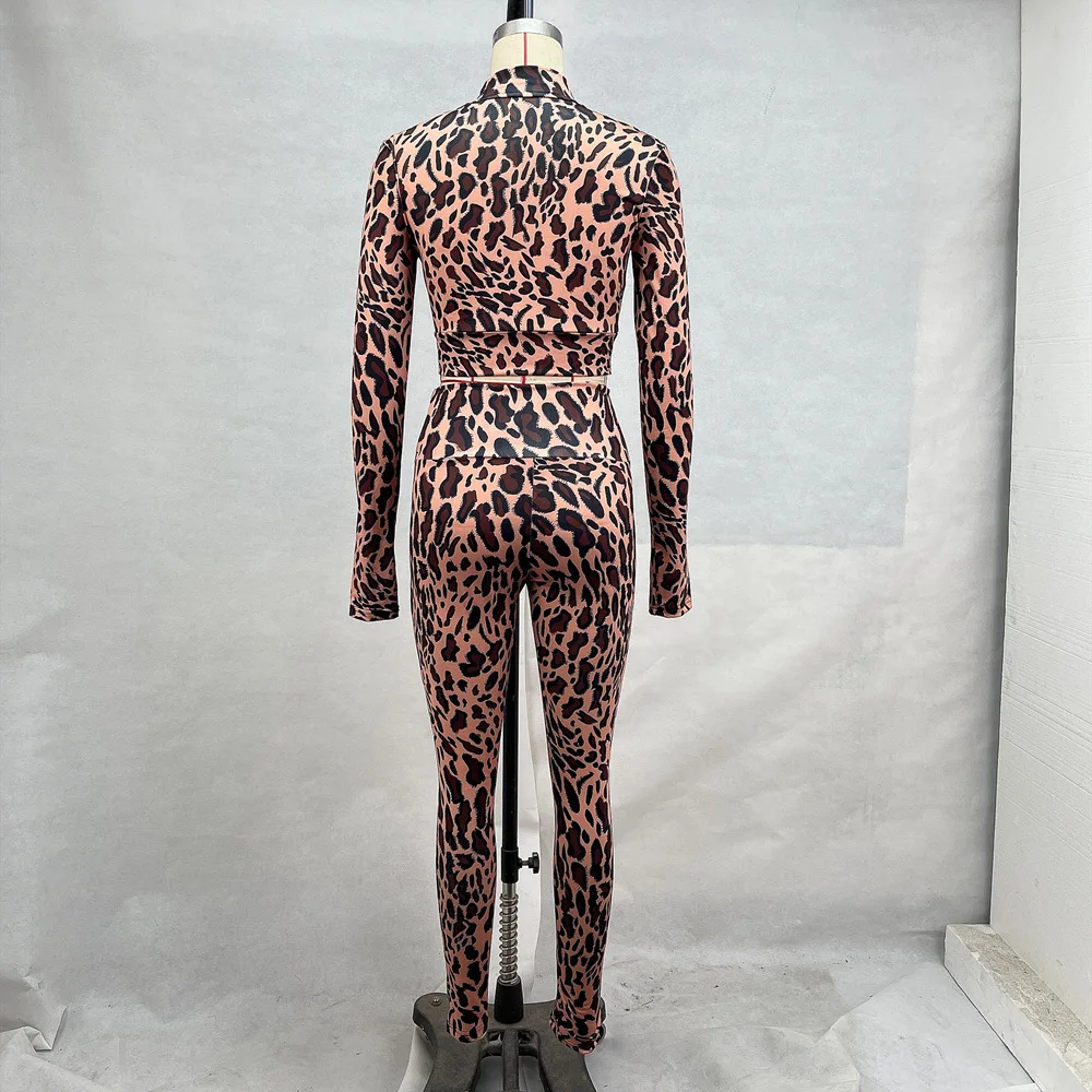 Gtpdpllt Sporty Leopard Print 2 Piece Set Long Sleeve Crop Top And Long Pants Sexy Streetwear Outfits For Women Summer Co Ord