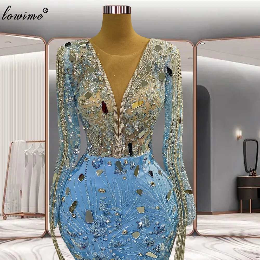 Sky Blue Mermaid Evening Dresses For Women Beaded Crystals Formal Occasion Dresses Robes De Soirée Long Sleeves Celebrity Dress