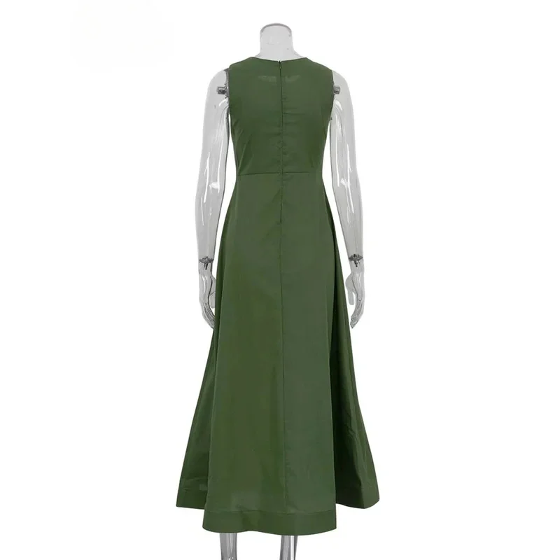 Bonny elegante abito da donna in cotone verde moda o-collo abiti senza maniche casual nuova vita alta a-line abiti a metà polpaccio femminile