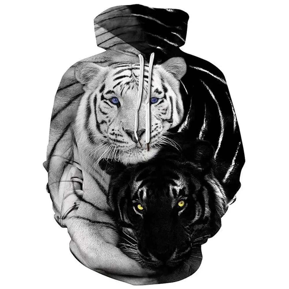 Men's clothing black and white 3d tiger print hoodie hoodie, men's street fashion casual hoodie, spring and autumn thick top