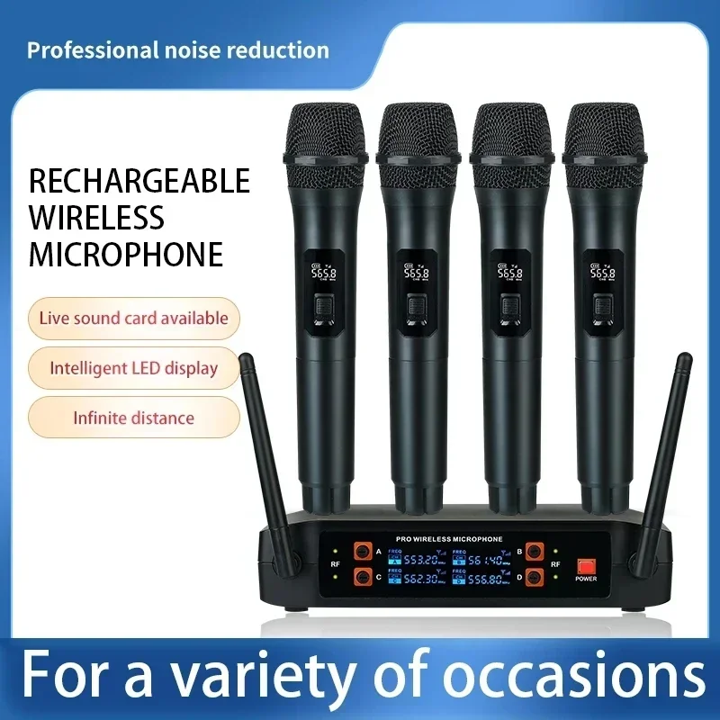 

Professional VHF Wireless Microphone System 4 Channel Handheld Karaoke Micro Phone for Home Party Church Event TV Speaker Mic