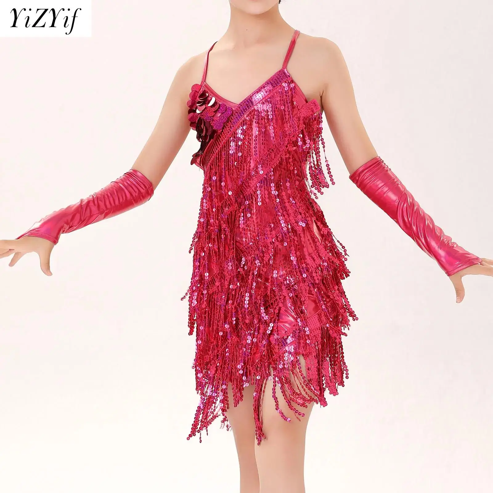 Kids Girls Latin Dance Dress Shiny Sequins Tassel Dress Dancewear Jazz Samba Cha-cha Rumba Stage Performance Outfit with Gloves