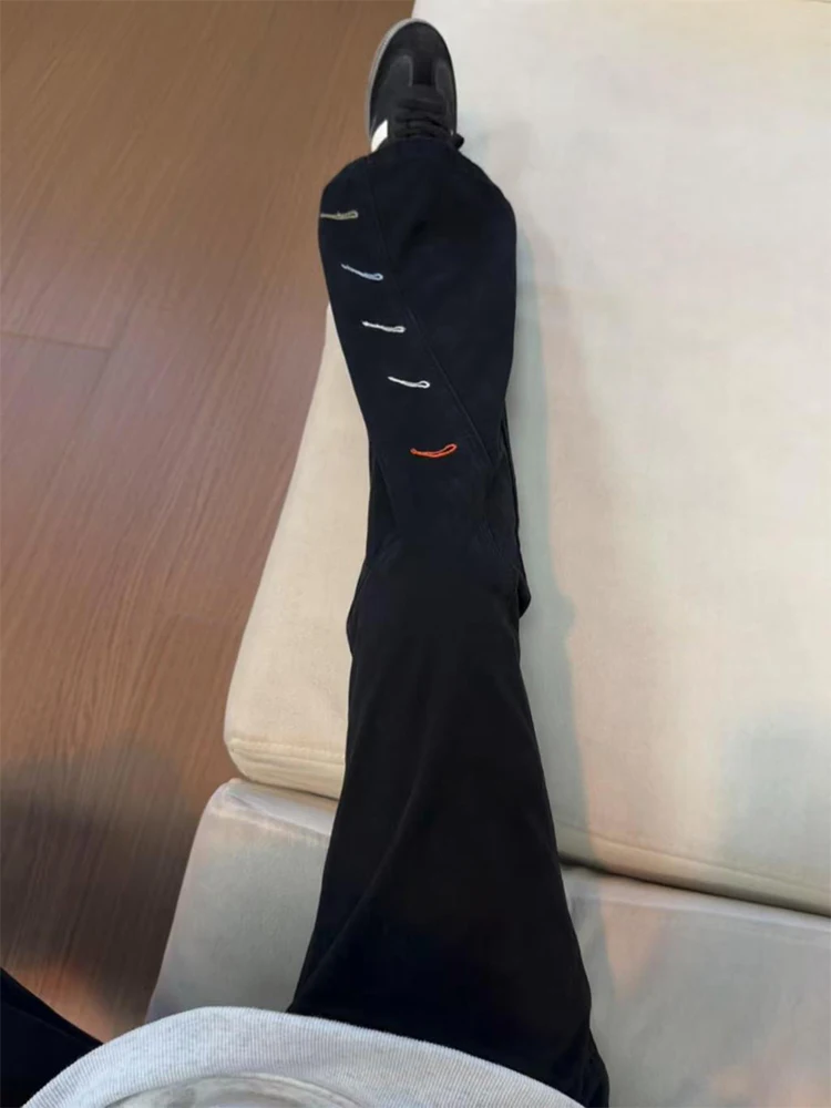 

Black American Embroidered Flared Jeans Men's Winter Trendy High Street Vibe Pants Slant Cut Leg Lengthening Knife Pants