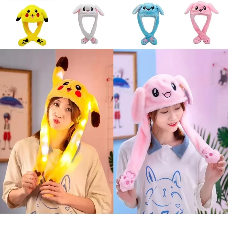 جديد LED قبعات الأرنب القطيفة متوهجة بيكاتشو الديكور الدعامة مع آذان متحركة لطيف قبعة الكبار مضحك مهرجان فستان الحفلات #1