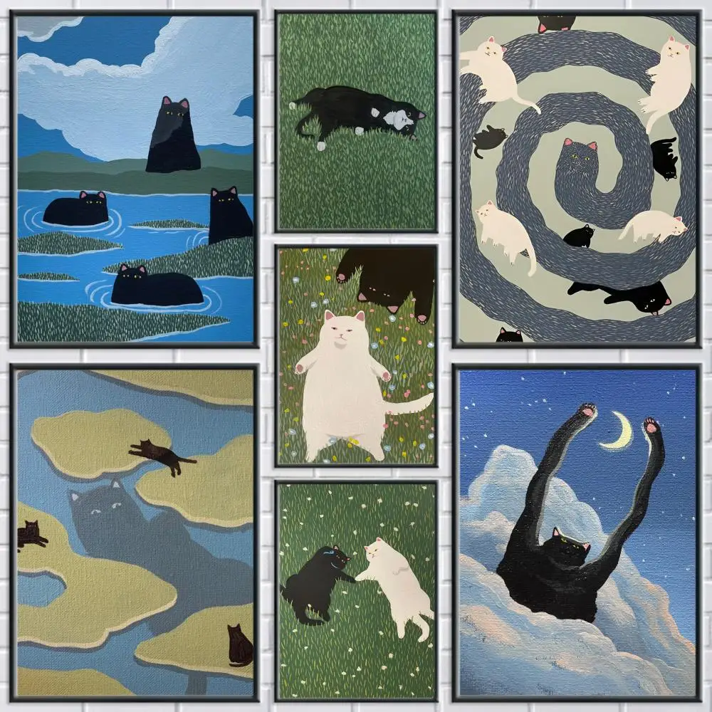 مضحك لطيف عشاق القط اللوحة الخط شخصية الفضاء قماش ملصق جدار جدارية الفن صور لغرفة ديكور المنزل