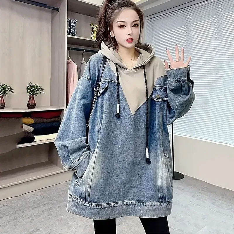 Oversized Female Hooded Denim Coat Spliced Pullover Hoodie Spring Autumn Loose Casual Long Motorcycle Jacket Fashion Womens Wear