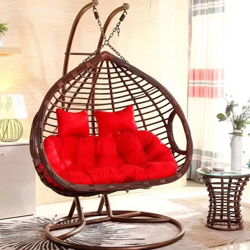 Modern Double-Pole Hanging Wicker Swing Chair Two Seat Outdoor Patio Swing with Basket for Living Room or Hotel