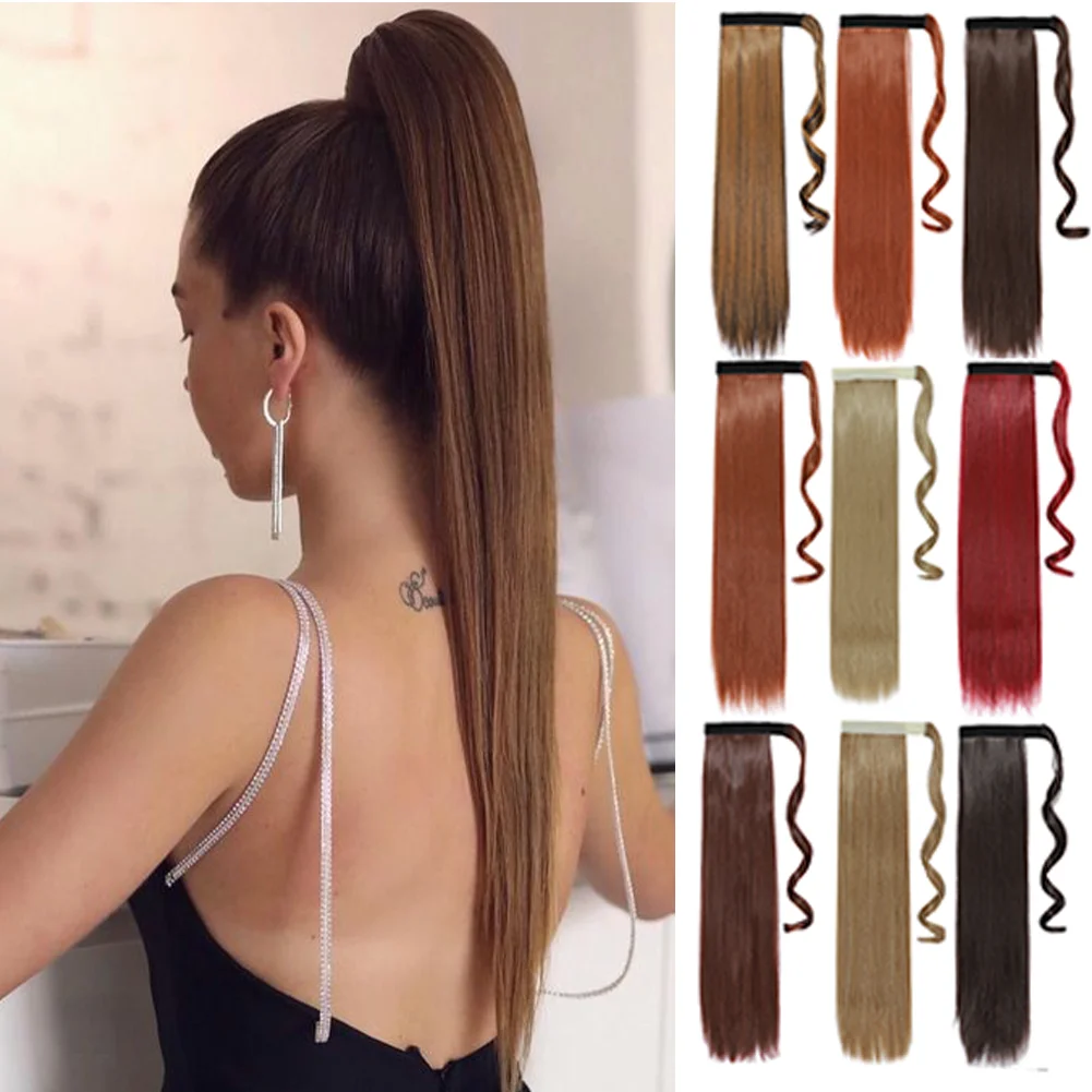 

Straight Ponytail Extension Clip In 24 Inch Long Straight Wrap Around Pony Tail Heat Resistant Synthetic Hairpiece for Wome