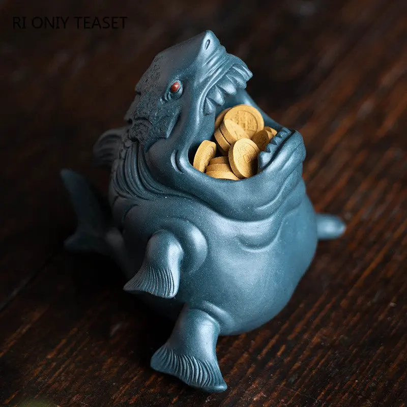 High-end Yixing Purple Clay Tea Pet Lucky Gold Coins Sharks Statue Ornaments Handmade Sculpture Chinese Tea Set Decoration