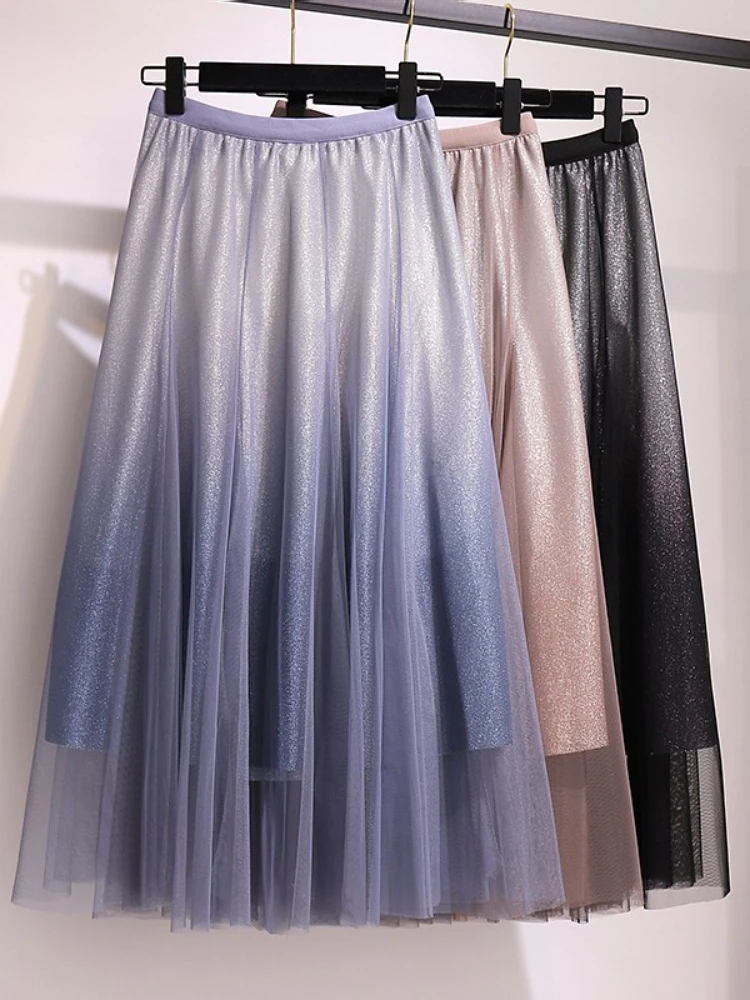 

Shiny Gradient Tulle Long Skirt for Women 2023 Summer Autumn Korean Fashion Design A Line High Waist Midi Skirt Female